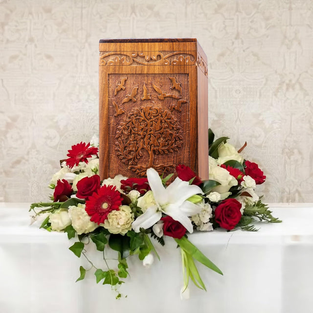 Handcarved Wooden Cremation Urn – Tree of Life – Suitable for Adult Men & Women – 250lbs