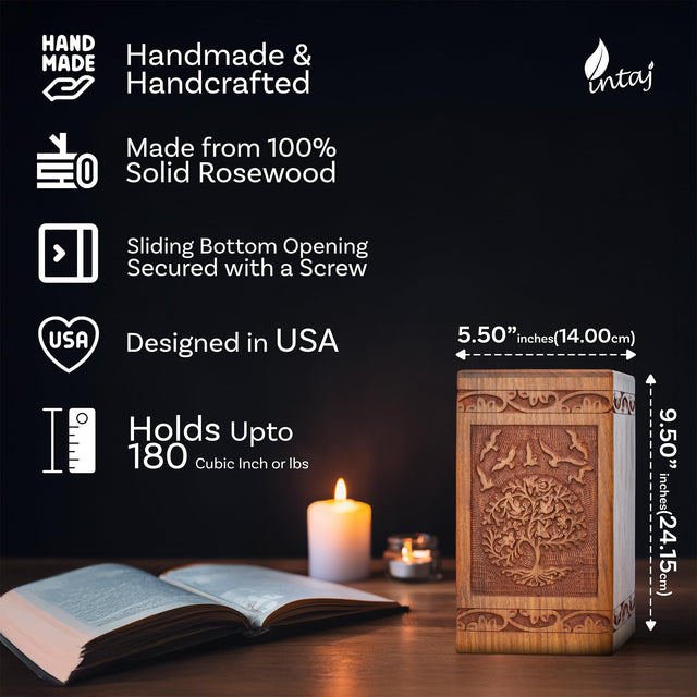 Tree of Life Wooden Urn – Suitable for Men, Women, Mom & Dad – 20lbs Capacity – Mini Rosewood Keepsake Cremation Urn