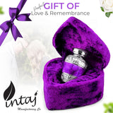 INTAJ Small Urns for Human Ashes Keepsake - Cremation Urns for for Men Women with Velvet Heart Case - Beautiful Brass Engraved Mini Urn Peaceful Dark Purple Decorative Urn