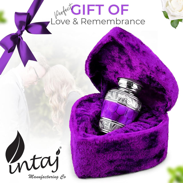 INTAJ Small Urns for Human Ashes Keepsake - Cremation Urns for for Men Women with Velvet Heart Case - Beautiful Brass Engraved Mini Urn Peaceful Dark Purple Decorative Urn