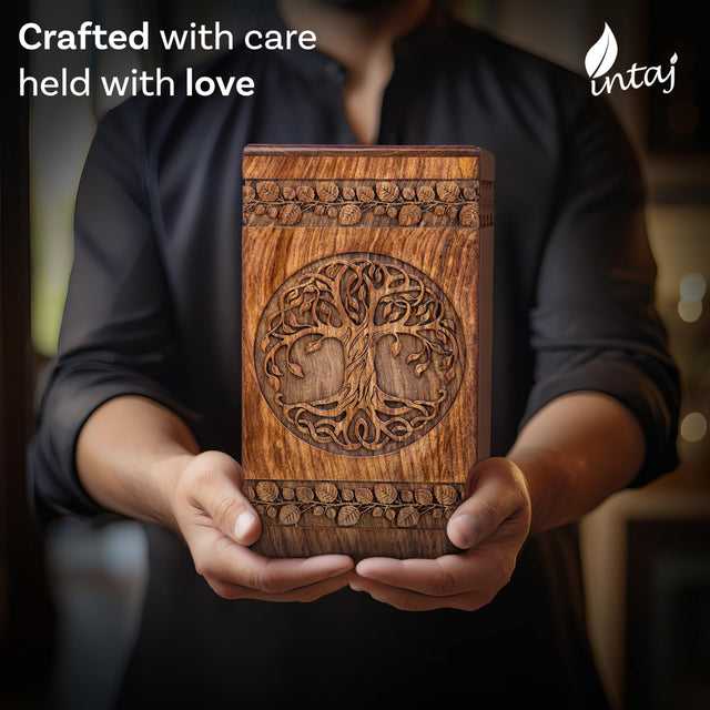 Hand-Carved Wooden Cremation Urn – Tree of Life – Suitable for Adult Male & Female – 250lbs