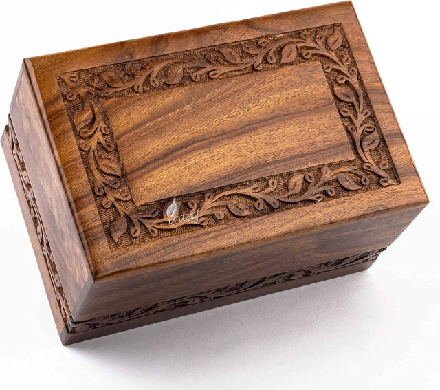 INTAJ Borders Wooden Urns for Human Ashes Adult Funeral Urn, Wooden Cremation Urns for Ashes Engraving, Wooden Box (L (9x6x5) 185 Cu/in, Custom Border Carved)