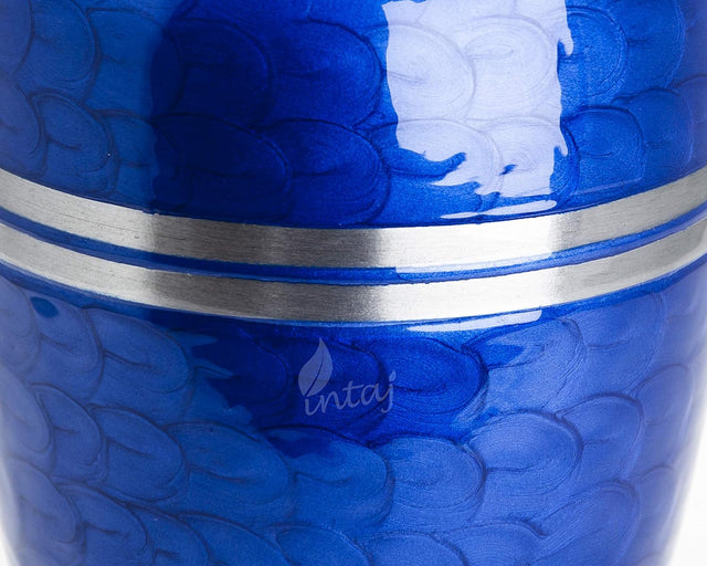 Handcrafted Cremation Urn – Blue Feather Design in Cloud Blue & Silver – Suitable for Adult Men & Women – 200lbs Capacity