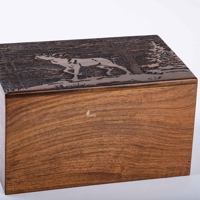 Handmade Wooden Cremation Urn – Deer Engraved – Suitable for Human Ashes – M (7.5x5x3.75, 110 Cu/in)