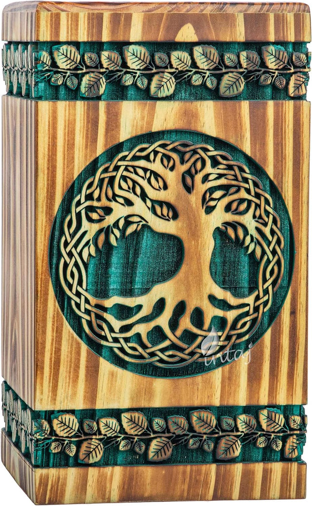 Handmade Rosewood Urn – Celtic Pine Tree of Life – Suitable for Adult & Dog Ashes – Medium (9.5Hx5.5W, 180 Cu/in)