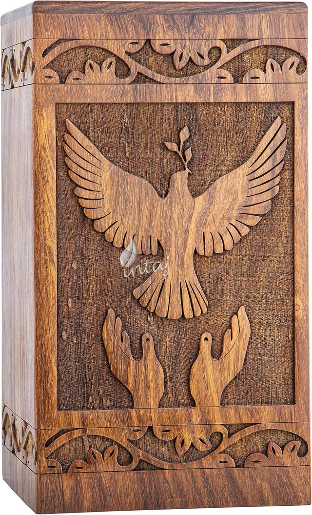 INTAJ Handmade Rosewood Urn for Human Ashes, Peaceful Bird Wooden Urns for Ashes Hand-Crafted, Funeral Cremation Urn, Pet Dog Urns for Ashes (Natural Rosewood, Add Personalization)