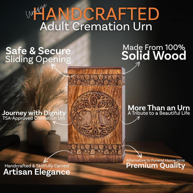 Hand-Carved Wooden Cremation Urn – Tree of Life – Suitable for Adult Male & Female – 250lbs