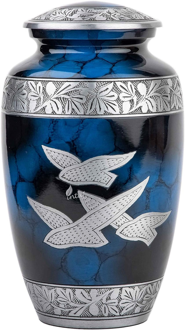 Handcrafted Silver Cremation Urn – Classic Royal Wings Blue Design – Suitable for Adult Men & Women, Mom & Dad