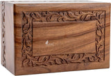 INTAJ Borders Wooden Urns for Human Ashes Adult Funeral Urn, Wooden Cremation Urns for Ashes Engraving, Wooden Box (L (9x6x5) 185 Cu/in, Custom Border Carved)