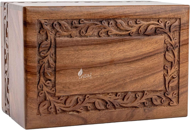 INTAJ Borders Wooden Urns for Human Ashes Adult Funeral Urn, Wooden Cremation Urns for Ashes Engraving, Wooden Box (L (9x6x5) 185 Cu/in, Custom Border Carved)