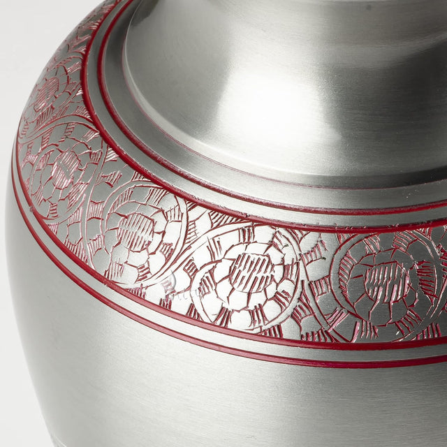 Handcrafted Cremation Urn – Arcadia Red Design in Royal Silver – Suitable for Adult Men & Women, Mom & Dad