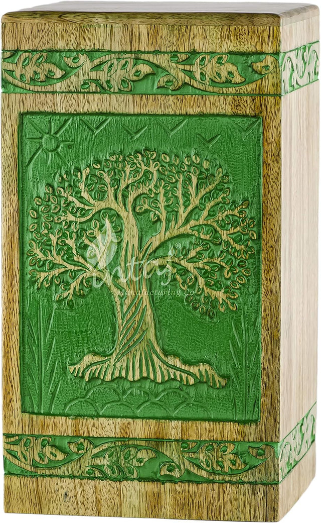 INTAJ Handmade Rosewood Urn for Human Ashes Adult Funeral Urn - Tree of Life Wooden Urn for Ashes Hand-Crafted - Funeral Cremation Urn for Pets (Keepsake (115 Cu/in), Fresh Green)