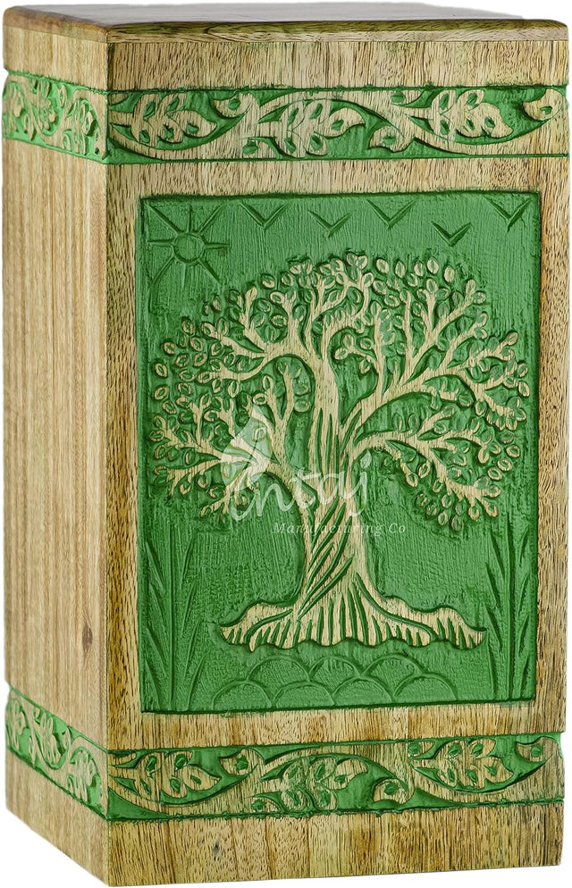 INTAJ Handmade Rosewood Urn for Human Ashes Adult Funeral Urn - Tree of Life Wooden Urn for Ashes Hand-Crafted - Funeral Cremation Urn for Pets (Keepsake (115 Cu/in), Fresh Green)