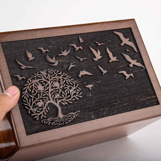 INTAJ Cremation Urn for Human Ashes Adult Male Female - Tree of Life Wooden Box Urn for Ashes - Handmade Decorative Funeral Urn (Customised Tree Birds, L (9x6x5) 185 Cu/in)