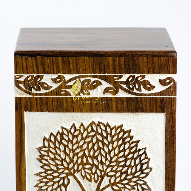 INTAJ Handmade Rosewood Urn for Human Ashes Adult Funeral Urn - Tree of Life Wooden Urn Hand-Crafted - Funeral Cremation Urn for Pets - Wooden Box (Medium (180 Cu/in), Antique Pyramidal Tree)