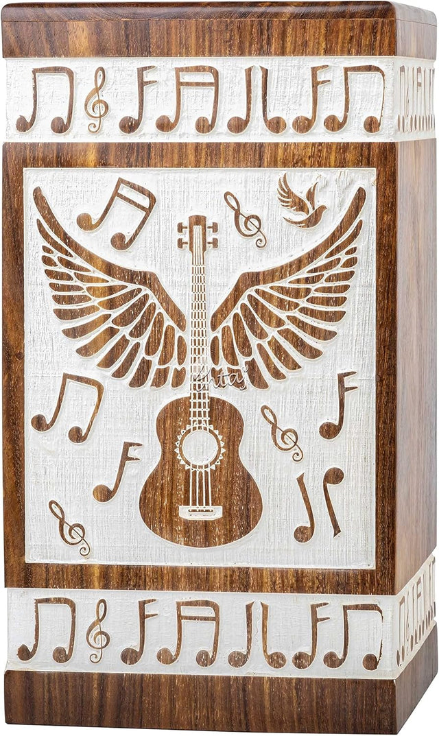 Handcarved Wooden Cremation Urn – Guitar Wings Design in Antique Rosewood – Suitable for Adult Men & Women, Mom & Dad – 250 Cu/in Capacity (Large)