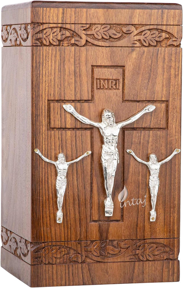 Handmade Rosewood Urn for Human Ashes - Adult Cross Carved Wooden Urns Hand-Crafted - Funeral Urn for Ashes - Burial Wooden Urn for Pets, Cats (3 Jesus, Medium - 9.5Hx5.5W (180 Cu/in))