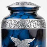 Handcrafted Silver Cremation Urn – Classic Royal Wings Blue Design – Suitable for Adult Men & Women, Mom & Dad
