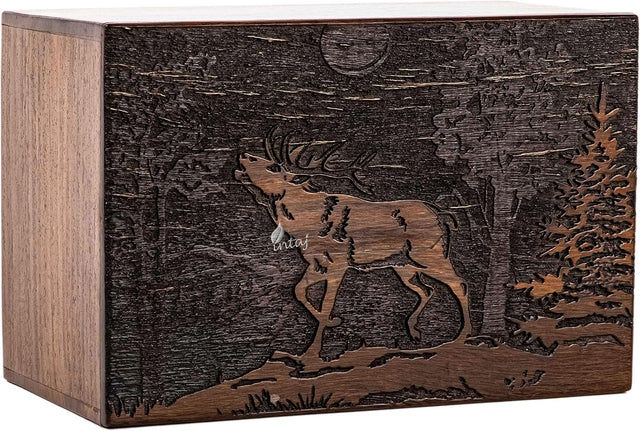 Handmade Wooden Cremation Urn – Deer Engraved – Suitable for Human Ashes – M (7.5x5x3.75, 110 Cu/in)