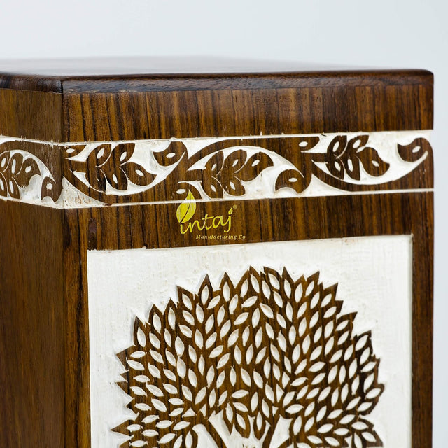 INTAJ Handmade Rosewood Urn for Human Ashes Adult Funeral Urn - Tree of Life Wooden Urn Hand-Crafted - Funeral Cremation Urn for Pets - Wooden Box (Medium (180 Cu/in), Antique Pyramidal Tree)