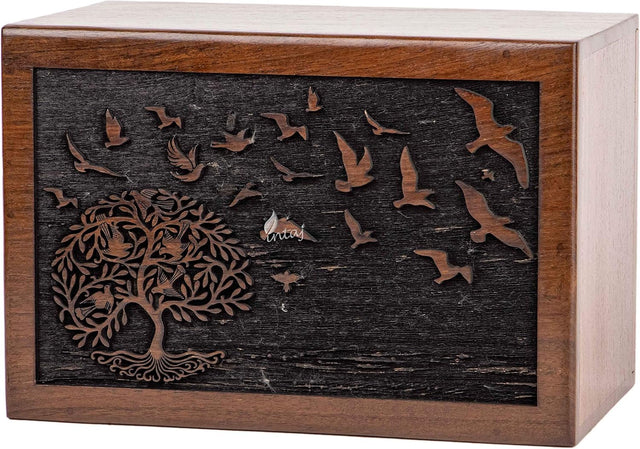 INTAJ Cremation Urn for Human Ashes Adult Male Female - Tree of Life Wooden Box Urn for Ashes - Handmade Decorative Funeral Urn (Customised Tree Birds, L (9x6x5) 185 Cu/in)