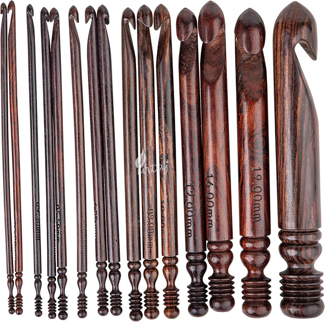 Rosewood Jumbo Crochet Hook Set Handmade, 15 Sizes Upto 25MM Wooden Crochet Hooks for Knitting, Size Engraved - Wooden Yarn Bowl Crochet Hook Accessories (Set of 7 3.5-10mm, Rosewood)