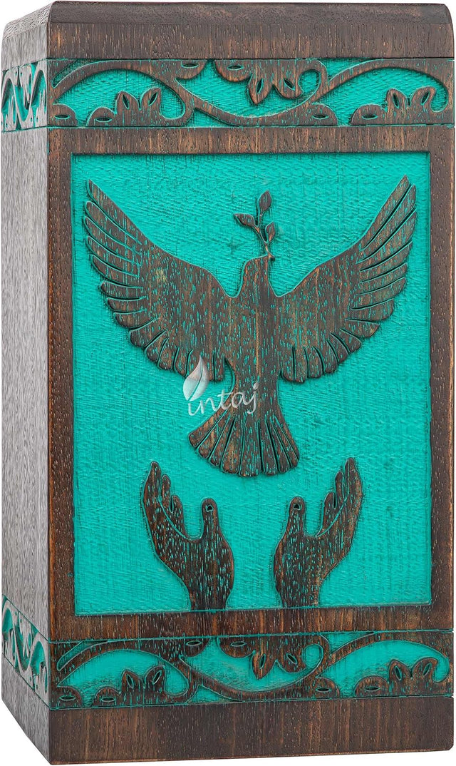 INTAJ Handmade Rosewood Urn for Human Ashes, Peaceful Bird Wooden Urns for Ashes Hand-Crafted, Funeral Cremation Urn, Pet Dog Urns for Ashes (Teal Gree, XS - 5Hx3W (20 Cu/in))