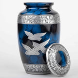 Handcrafted Silver Cremation Urn – Classic Royal Wings Blue Design – Suitable for Adult Men & Women, Mom & Dad