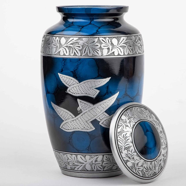 Handcrafted Silver Cremation Urn – Classic Royal Wings Blue Design – Suitable for Adult Men & Women, Mom & Dad
