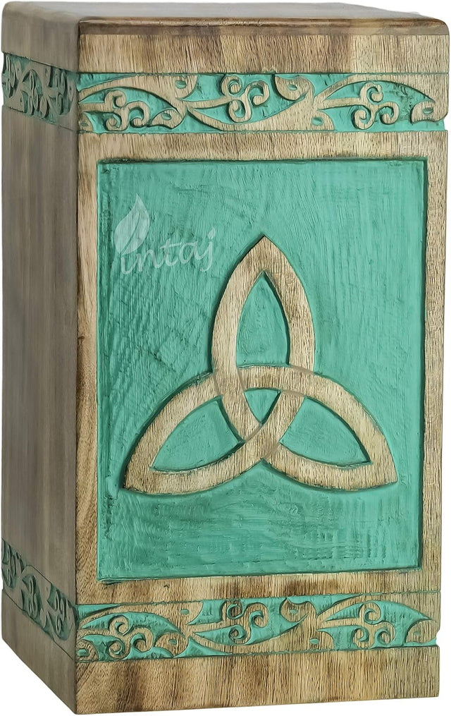 INTAJ Handcrafted Wooden Urns for Human Ashes Adult - Large Cremation Urns for Pet Ashes for Dogs/Cats - Celtic Knot Funeral Urn for Your Loved Ones, Wood Box Urn (N&G - Antique, Medium - 150 Cu/in)