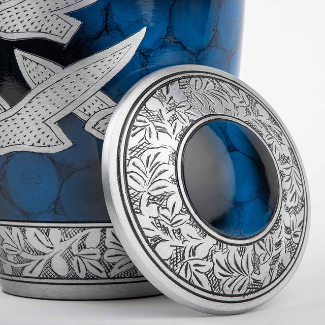 Handcrafted Silver Cremation Urn – Classic Royal Wings Blue Design – Suitable for Adult Men & Women, Mom & Dad