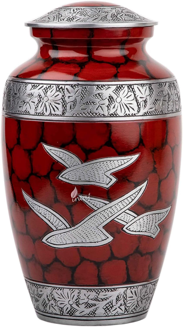 Handcrafted Silver Cremation Urn – Classic Royal Wings Red Design – Suitable for Adult Men & Women, Mom & Dad