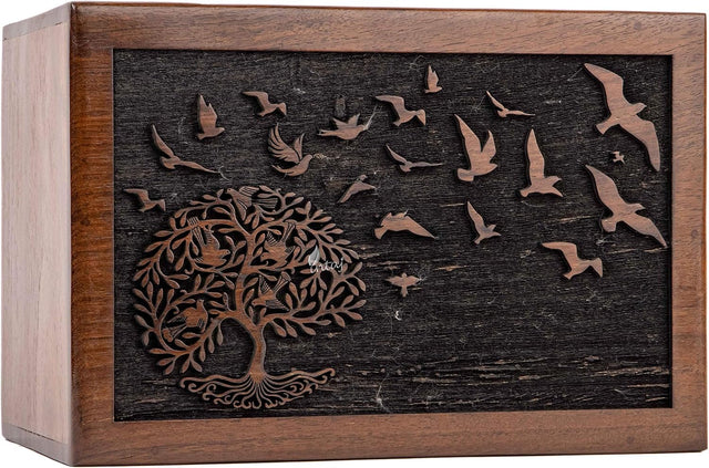 INTAJ Cremation Urn for Human Ashes Adult Male Female - Tree of Life Wooden Box Urn for Ashes - Handmade Decorative Funeral Urn (Customised Tree Birds, L (9x6x5) 185 Cu/in)