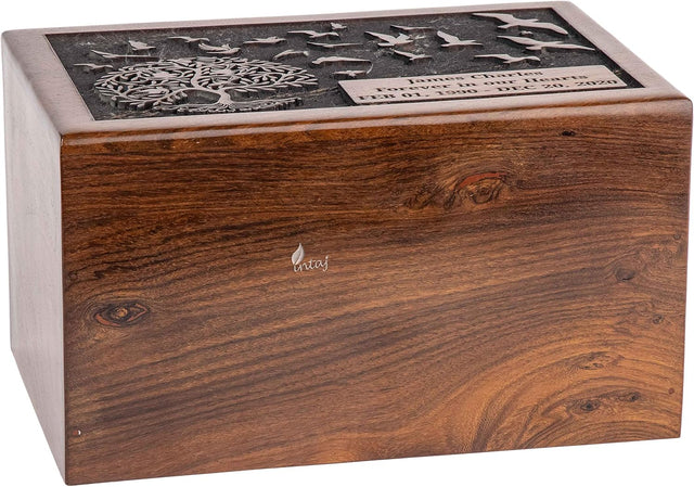 INTAJ Cremation Urn for Human Ashes Adult Male Female - Tree of Life Wooden Box Urn for Ashes - Handmade Decorative Funeral Urn (Customised Tree Birds, XL (11x7.5x6) 340 Cu/in)