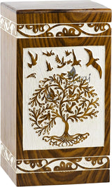 Handmade Rosewood Urn for Human Ashes | Tree of Life Wooden Urns Hand-Crafted - Funeral Cremation Urn for Ashes (Antique Bird Tree, Keepsake - 100 Cu/in)