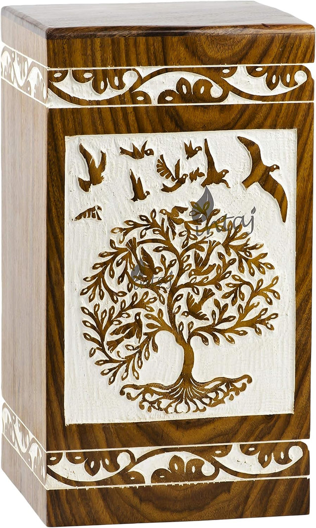 Handmade Rosewood Urn for Human Ashes | Tree of Life Wooden Urns Hand-Crafted - Funeral Cremation Urn for Ashes (Antique Bird Tree, Keepsake - 100 Cu/in)
