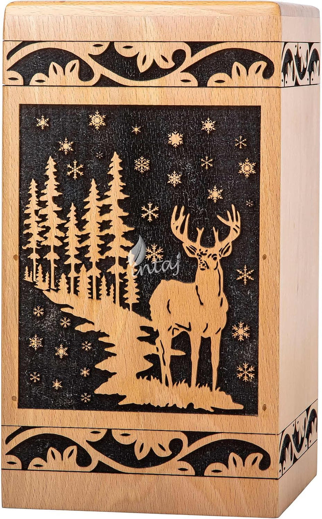 Handcarved Wooden Cremation Urn – Deer Carved Design in Custom Beechwood – Suitable for Adult Men & Women, Mom & Dad, and Pet Dogs – 180 Cu/in Capacity