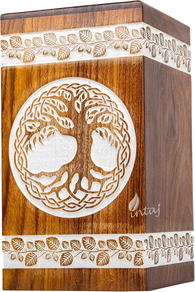 INTAJ Handmade Rosewood Urn for Human Ashes - Adult Tree of Life Wooden Urns Hand-Crafted - Heart Funeral Cremation Urn for Dogs Engraved (Celtic White Rosewood, X-Small - 7.50Hx4.25W (100 Cu/in))