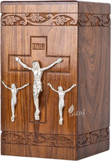 Handmade Rosewood Urn for Human Ashes - Adult Cross Carved Wooden Urns Hand-Crafted - Funeral Urn for Ashes - Burial Wooden Urn for Pets, Cats (3 Jesus, Medium - 9.5Hx5.5W (180 Cu/in))