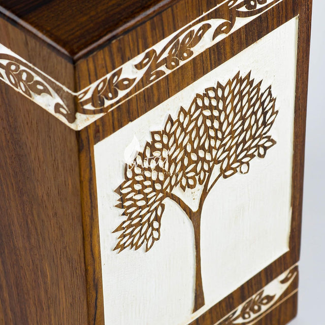 INTAJ Handmade Rosewood Urn for Human Ashes Adult Funeral Urn - Tree of Life Wooden Urn Hand-Crafted - Funeral Cremation Urn for Pets - Wooden Box (Medium (180 Cu/in), Antique Pyramidal Tree)