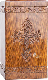 INTAJ Wooden Urn for Human Ashes, Adult Rosewood Grace and Mercy Cross Funeral Cremation Urn for Ashes - Burial Urn Box (Latin Cross, Medium - 9.5Hx5.5W (180 Cu/in))