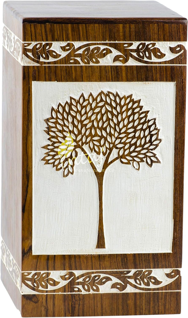 INTAJ Handmade Rosewood Urn for Human Ashes Adult Funeral Urn - Tree of Life Wooden Urn Hand-Crafted - Funeral Cremation Urn for Pets - Wooden Box (Medium (180 Cu/in), Antique Pyramidal Tree)