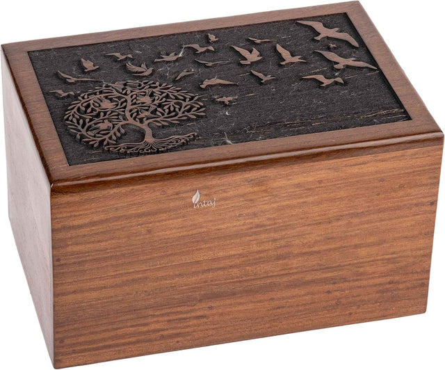 INTAJ Cremation Urn for Human Ashes Adult Male Female - Tree of Life Wooden Box Urn for Ashes - Handmade Decorative Funeral Urn (Customised Tree Birds, L (9x6x5) 185 Cu/in)