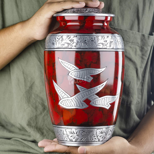 Handcrafted Silver Cremation Urn – Classic Royal Wings Red Design – Suitable for Adult Men & Women, Mom & Dad