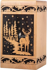 INTAJ Wooden Cremation Urn for Human Ashes, Adult Deer Rosewood Pet Urns for Dogs Ashes, Deer Carved Funeral Urn Hand-Crafted (Medium - 9.5Hx5.5W (180 Cu/in), Beechwood)