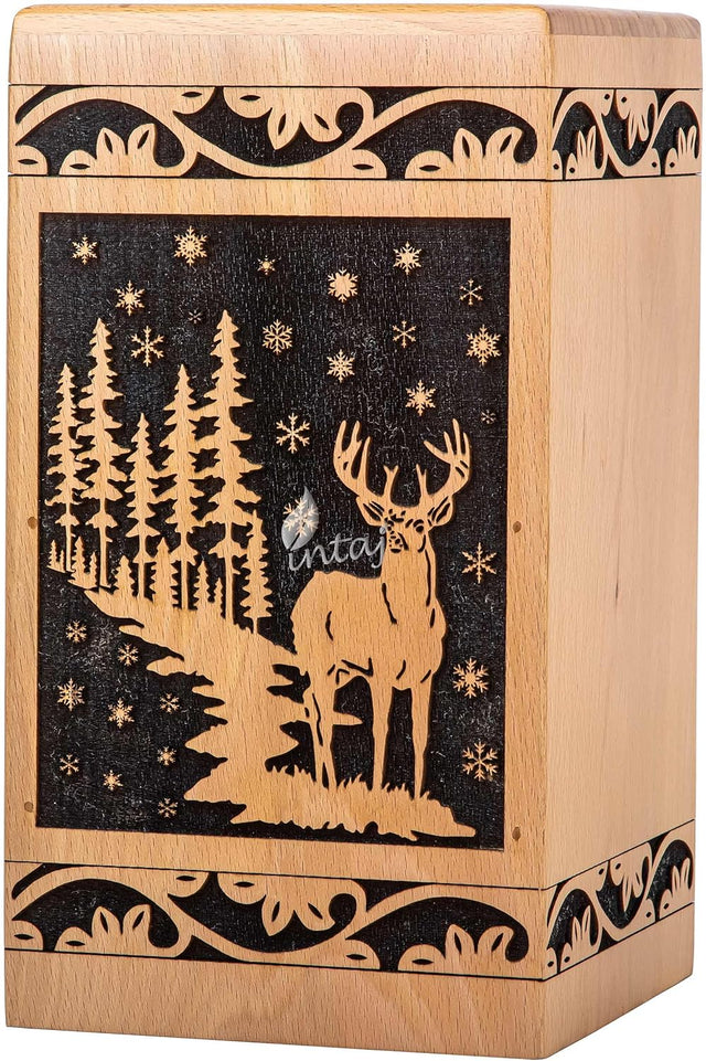 INTAJ Wooden Cremation Urn for Human Ashes, Adult Deer Rosewood Pet Urns for Dogs Ashes, Deer Carved Funeral Urn Hand-Crafted (Medium - 9.5Hx5.5W (180 Cu/in), Beechwood)