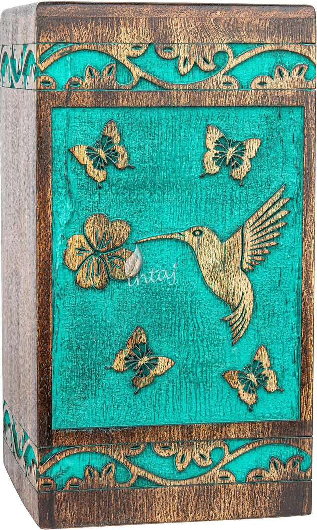 Handcarved Wooden Cremation Urn – Teal Green Rosewood Design – Suitable for Adult Men & Women, Mom & Dad – 115 Cu/in Capacity