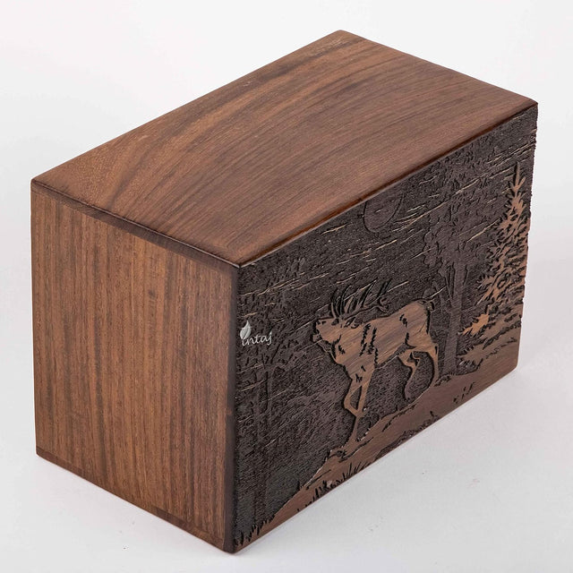 Handmade Wooden Cremation Urn – Deer Engraved – Suitable for Human Ashes – M (7.5x5x3.75, 110 Cu/in)