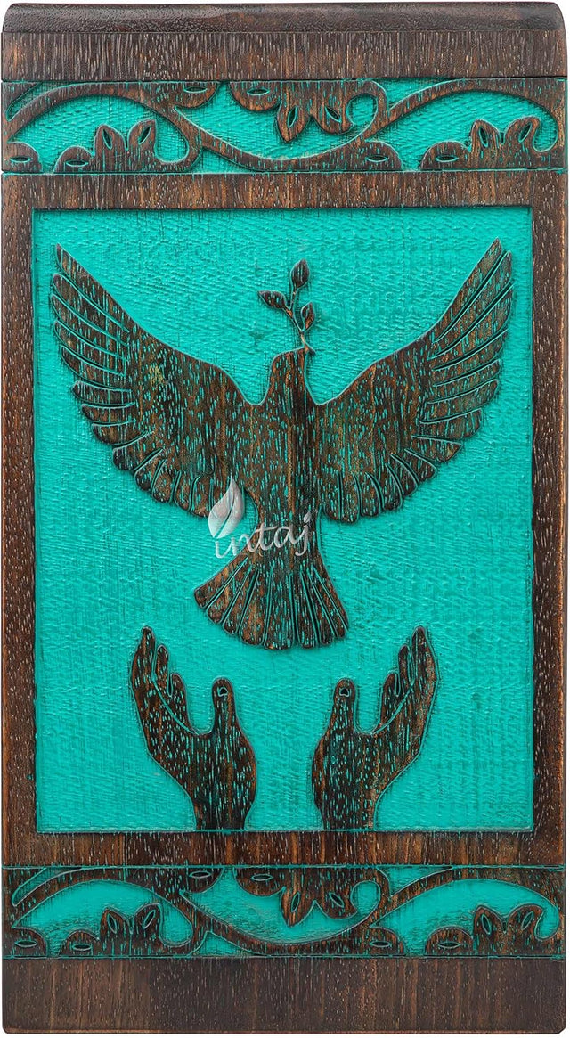 INTAJ Handmade Rosewood Urn for Human Ashes, Peaceful Bird Wooden Urns for Ashes Hand-Crafted, Funeral Cremation Urn, Pet Dog Urns for Ashes (Teal Gree, XS - 5Hx3W (20 Cu/in))