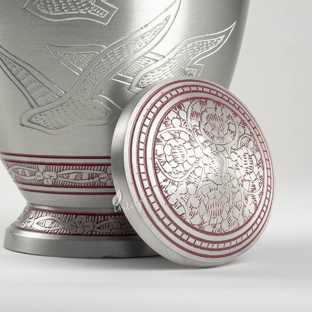 Handcrafted Cremation Urn – Arcadia Red Design in Royal Silver – Suitable for Adult Men & Women, Mom & Dad